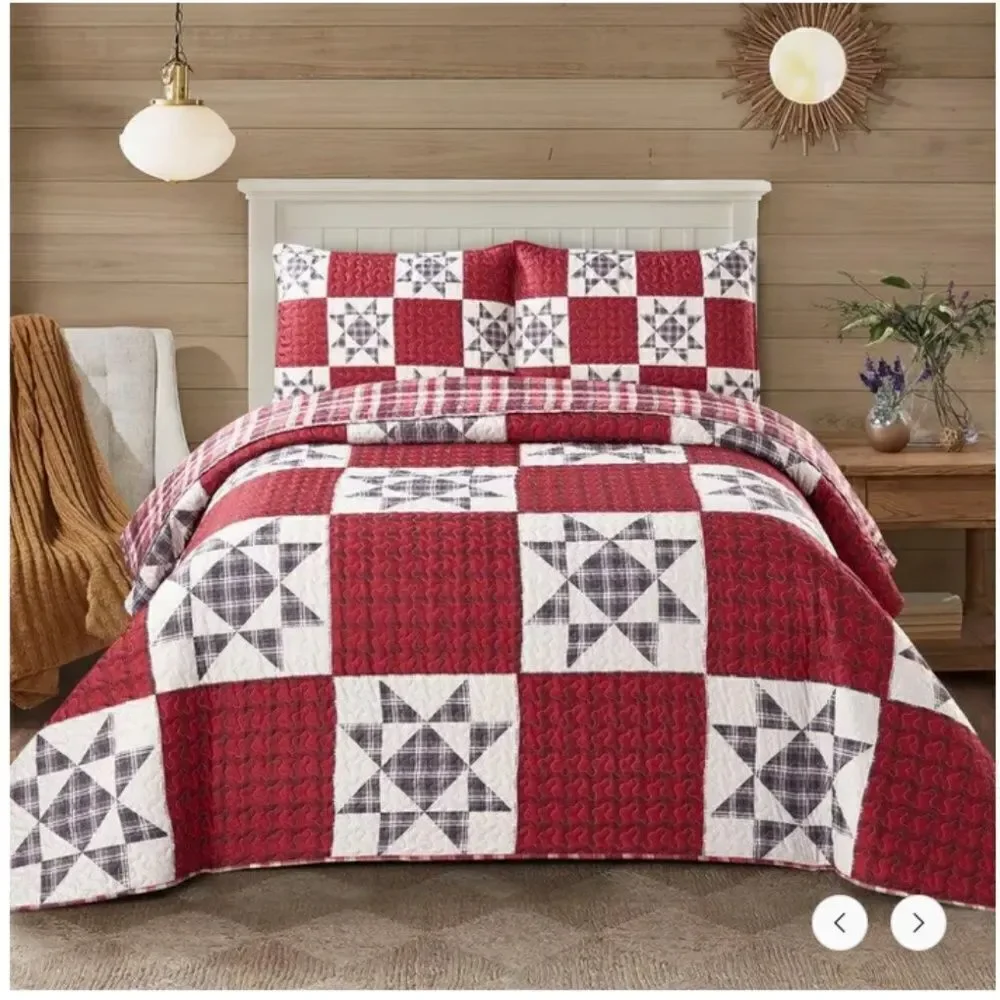 Country Star Patchwork Printed Lightweight King Quilt Set Farmhouse Red Black